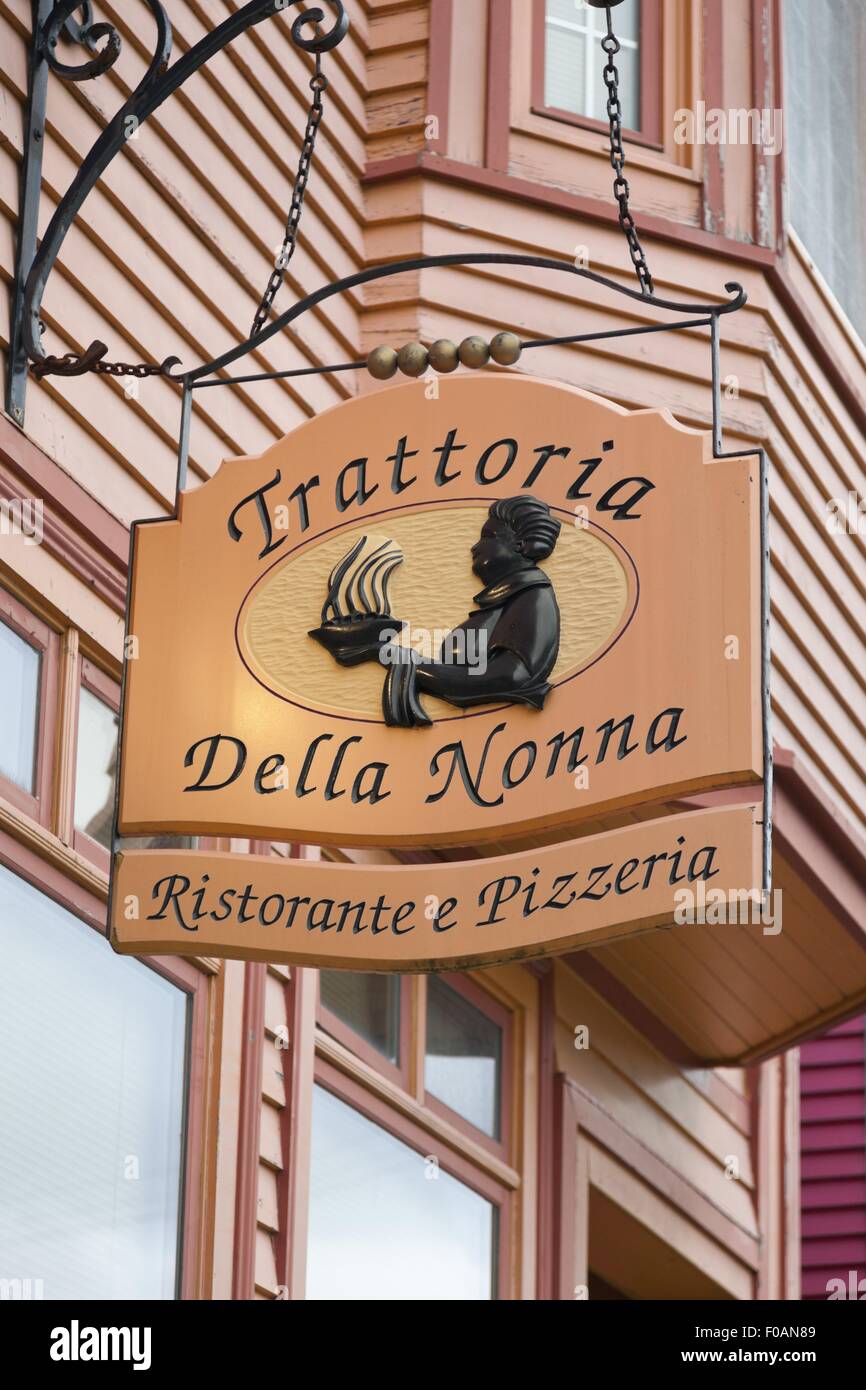 Signboard of Trattoria Della restaurant, Lunenburg, Nova Scotia, Canada Stock Photo