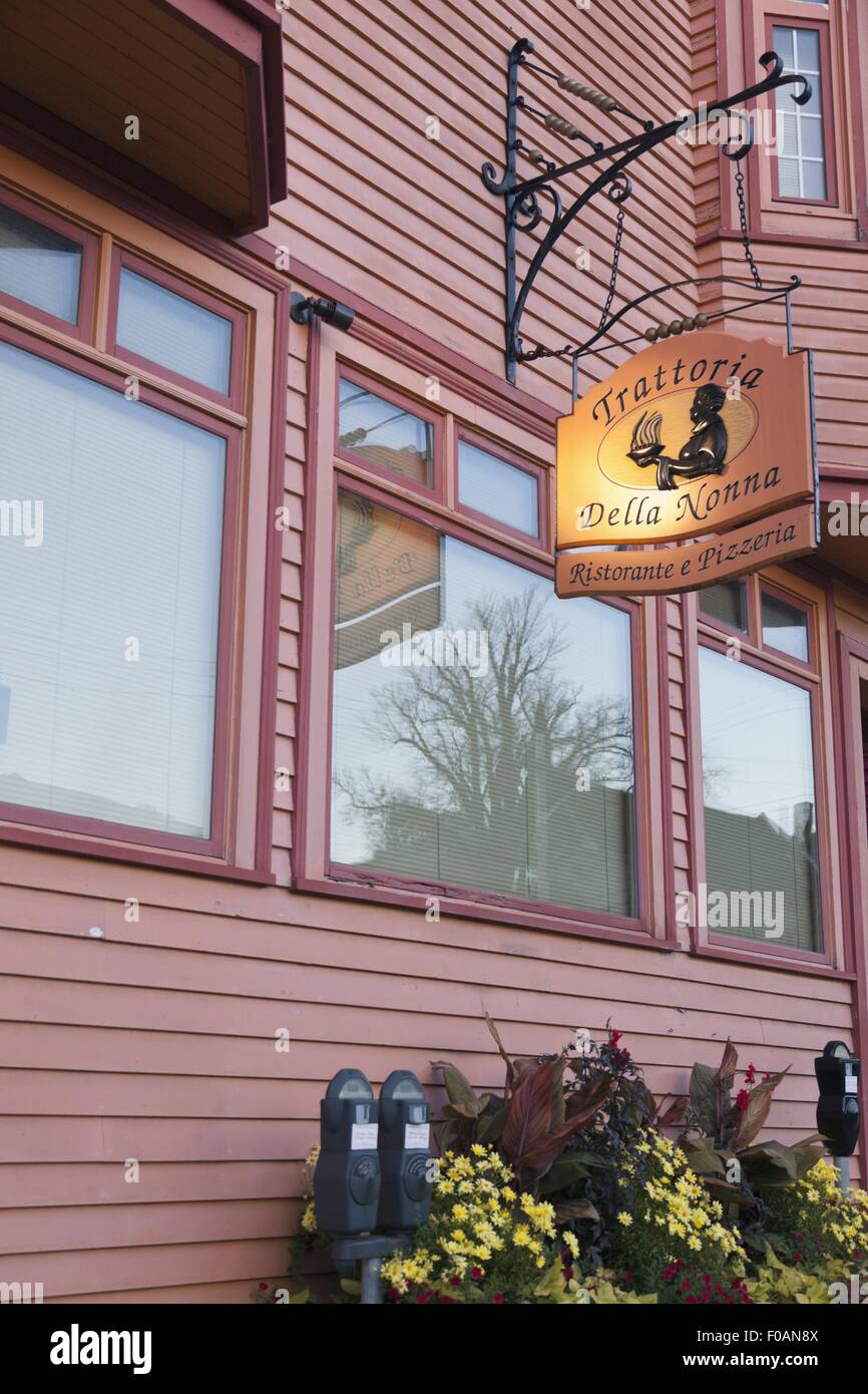 Signboard of Trattoria Della restaurant in Lunenburg, Nova Scotia, Canada Stock Photo