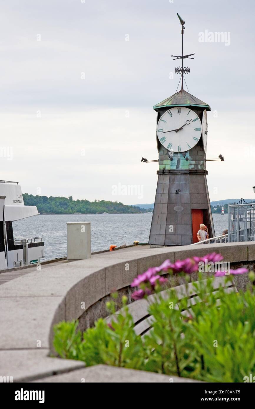 Grandfather clock at boardwalk in Aker Brygge, Oslo, Norway Stock Photo