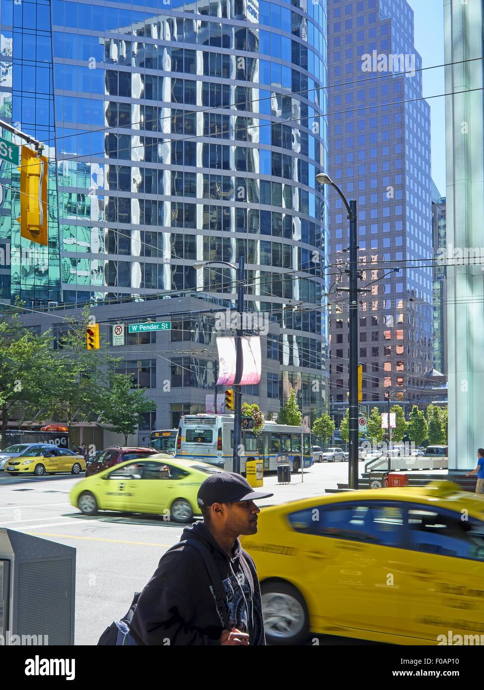 View of busy Dunsmuir street in Vancouver, British Columbia, Canada
