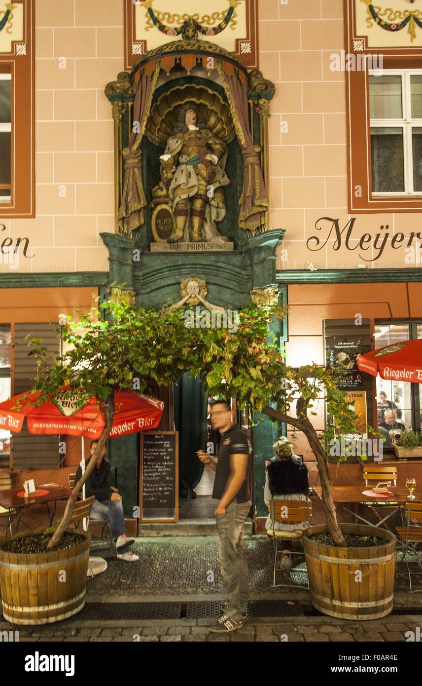 Entrance of tavern Big Meyerhof in Old Town Freiburg, Germany, blurred motion Stock Photo