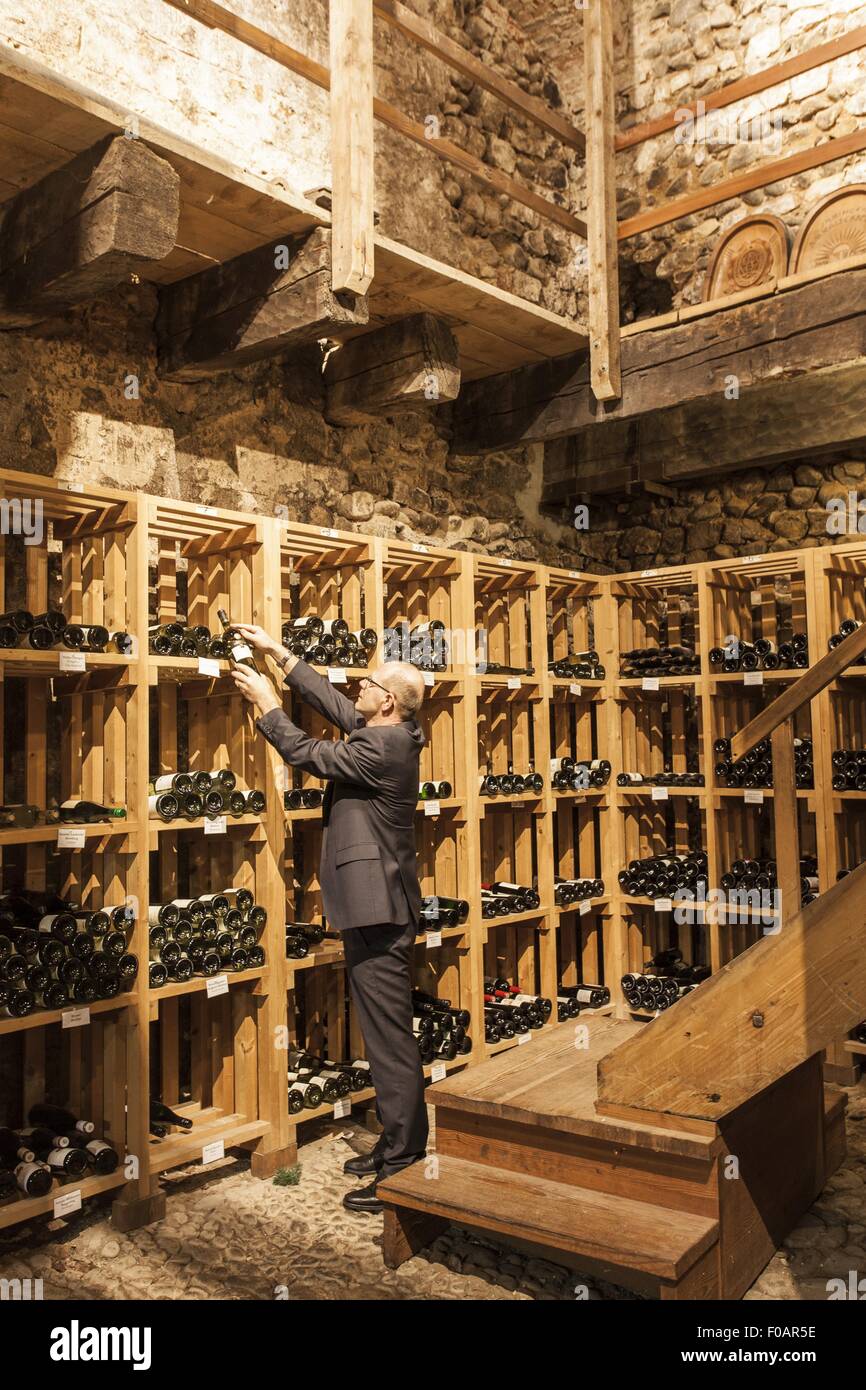 Costas Cherakakis in red and bear wine cellar in Freiburg, Germany Stock Photo