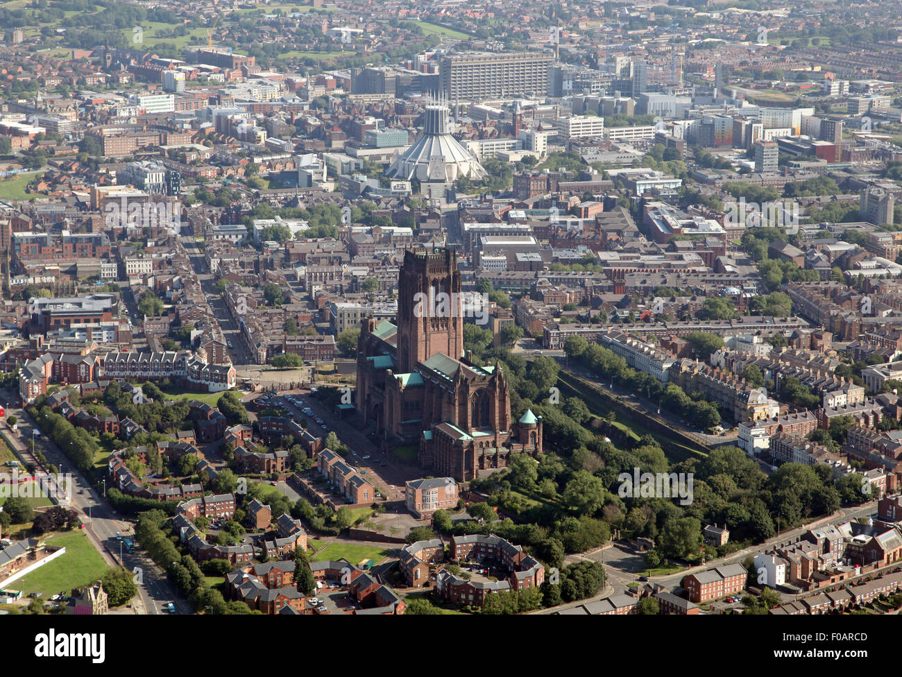 aerial view of Liverpool Cathedrals: Anglican and Catholic Metropolitan Cathedral of Christ the King, UK Stock Photo