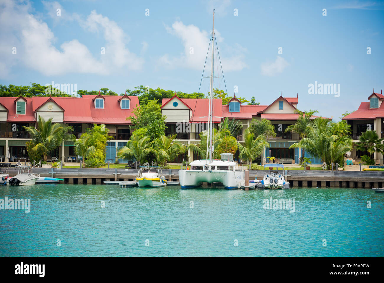 A beautiful view of marina at Eden Island, Mahe, Seychelles Stock Photo