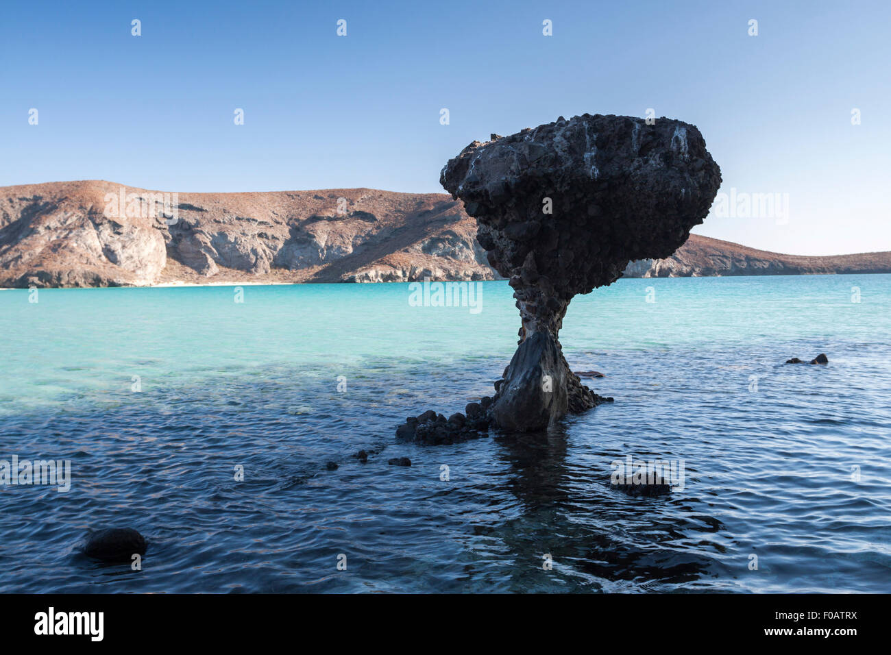 Mushroom of rock at sunset in balandra beach. La Paz, Baja California