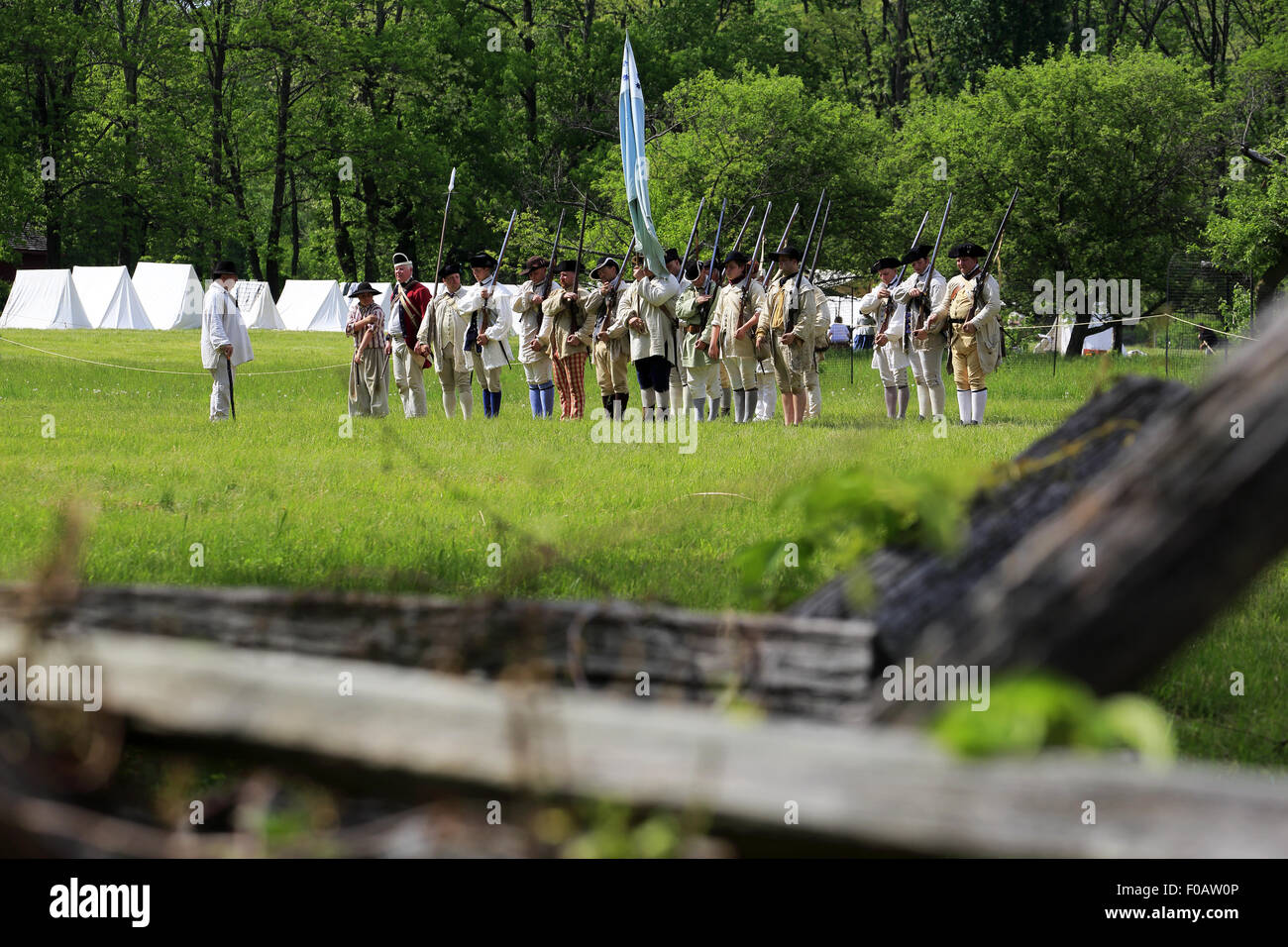 Soldiers of Continental Army of Revolutionary War reenactment at Jockey Hollow Morristown National Historical Park NJ USA Stock Photo