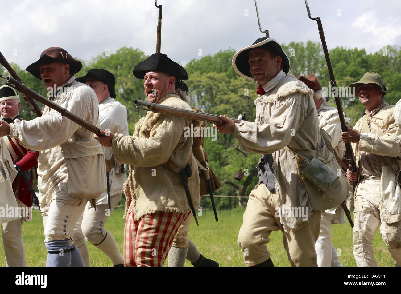 Continental Army soldiers with muskets in Revolutionary War reenactment.Jockey Hollow,Morristown National Historical Park,New Jersey.USA Stock Photo