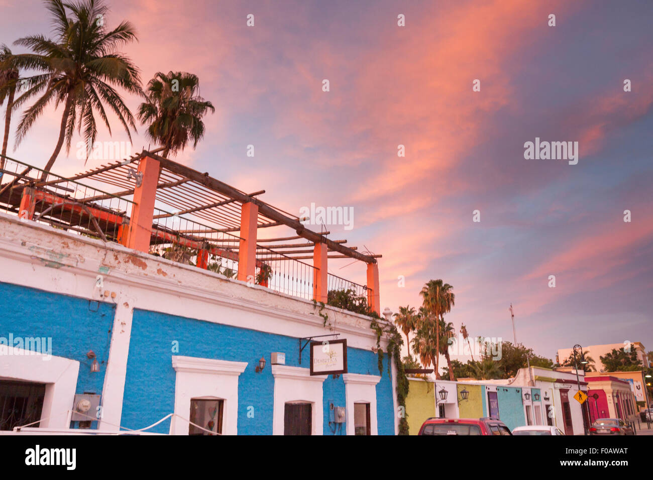 Coloured houses in a stunning golden hours time at the beach. San Jose del Cabo, Baja California Sur. Mexico Stock Photo