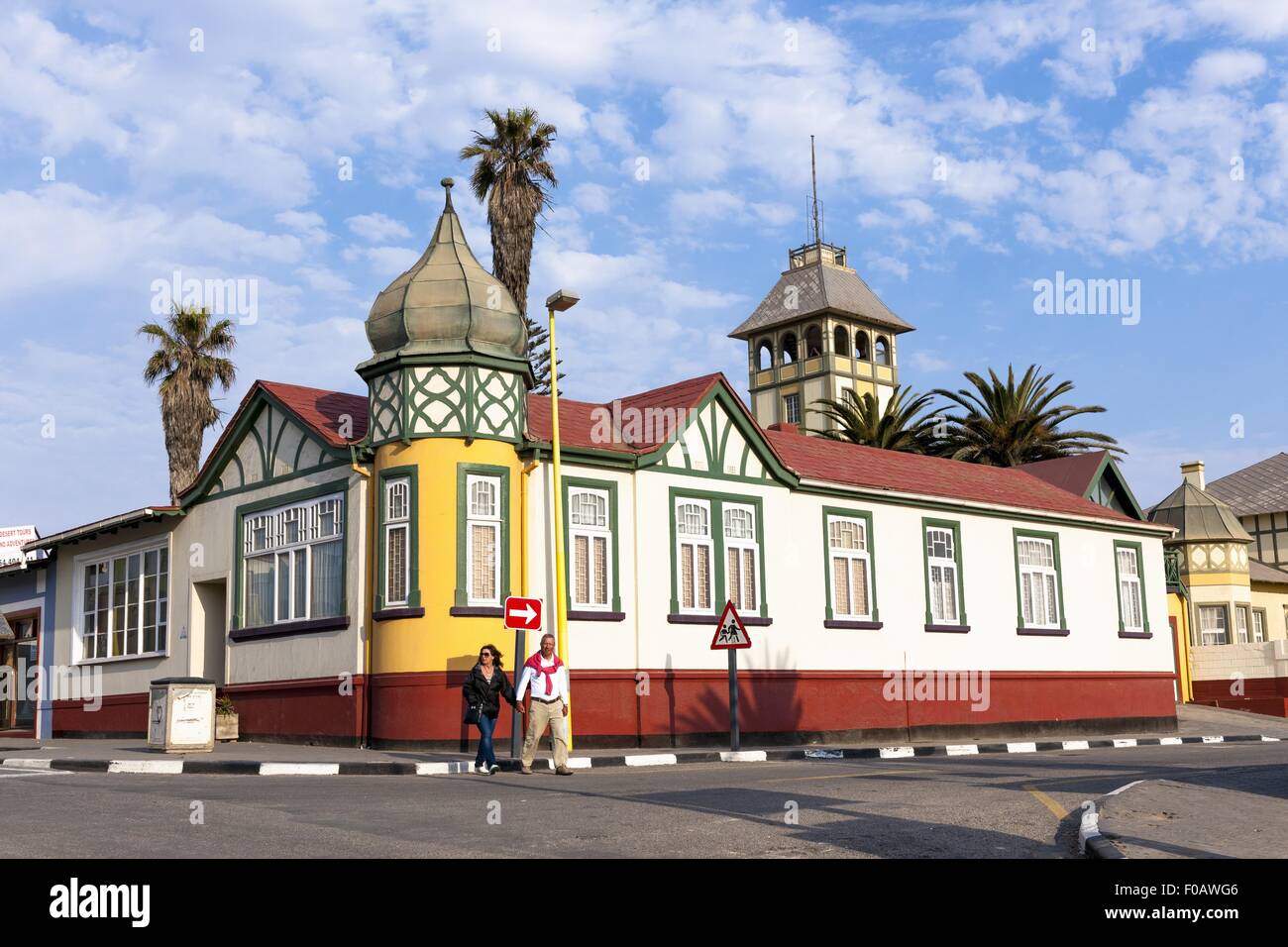 A house built on a corner with an onion-domed tower in Swakopmund, Namibia Stock Photo