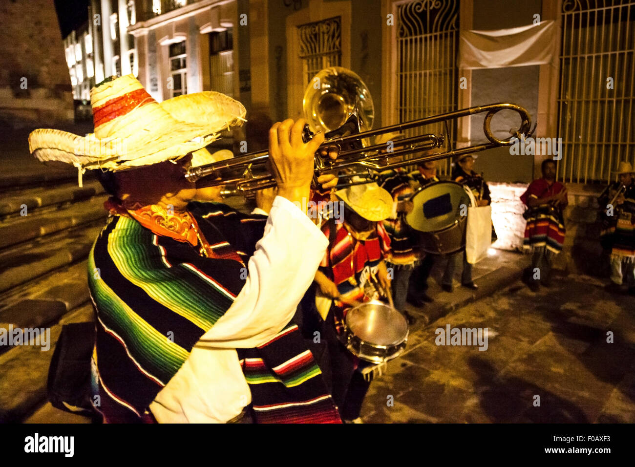 Mexican trumpeter in downtown at fiesta time. Zacatecas, ZAC. Mexico Stock Photo