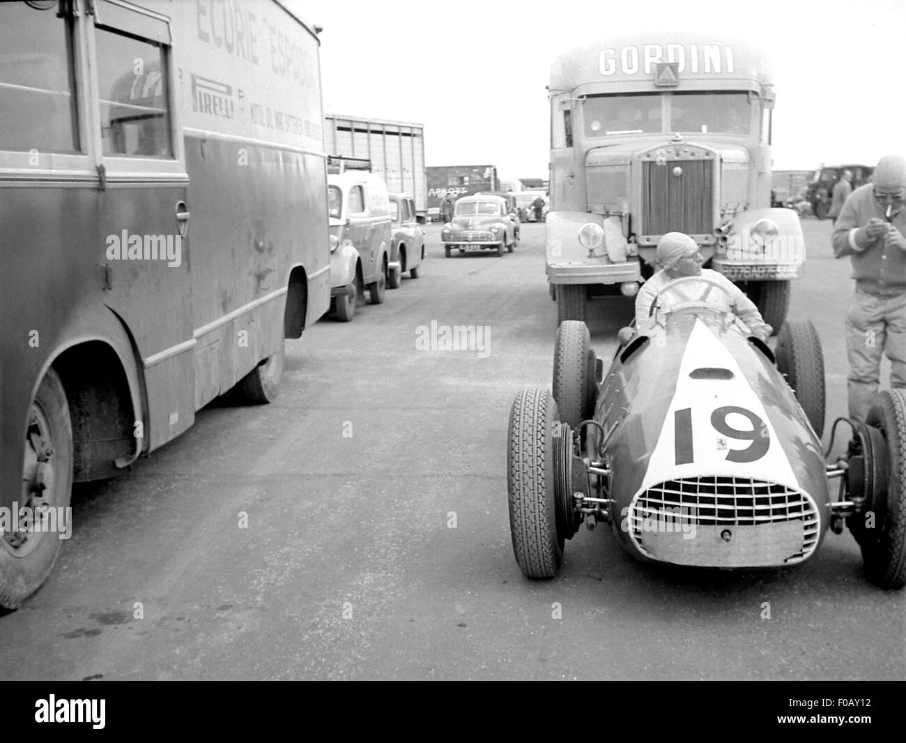 British GP Silverstone 1952, FISCHER FERRARI AND ESPAGNE AND GORDINI TRANSPORTERS Stock Photo
