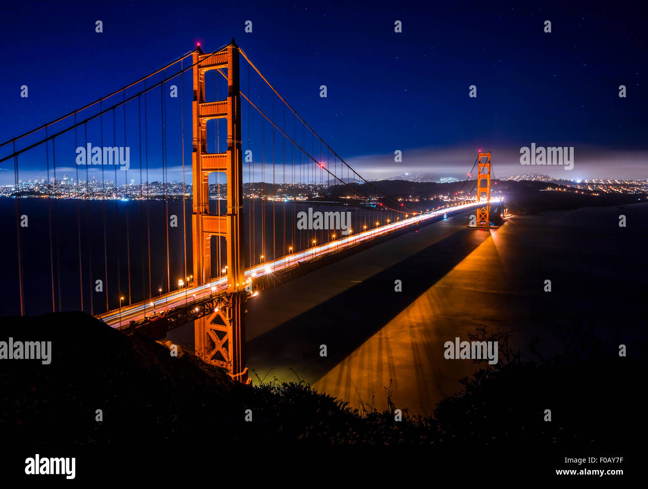Golden Gate Bridge in San Francisco at night just after sunset Stock Photo