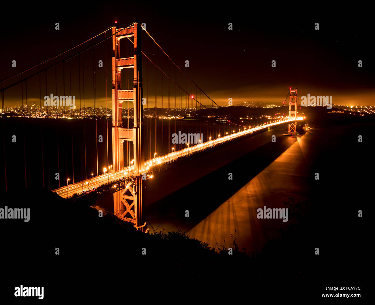 Golden Gate Bridge in San Francisco at night just after sunset Stock ...