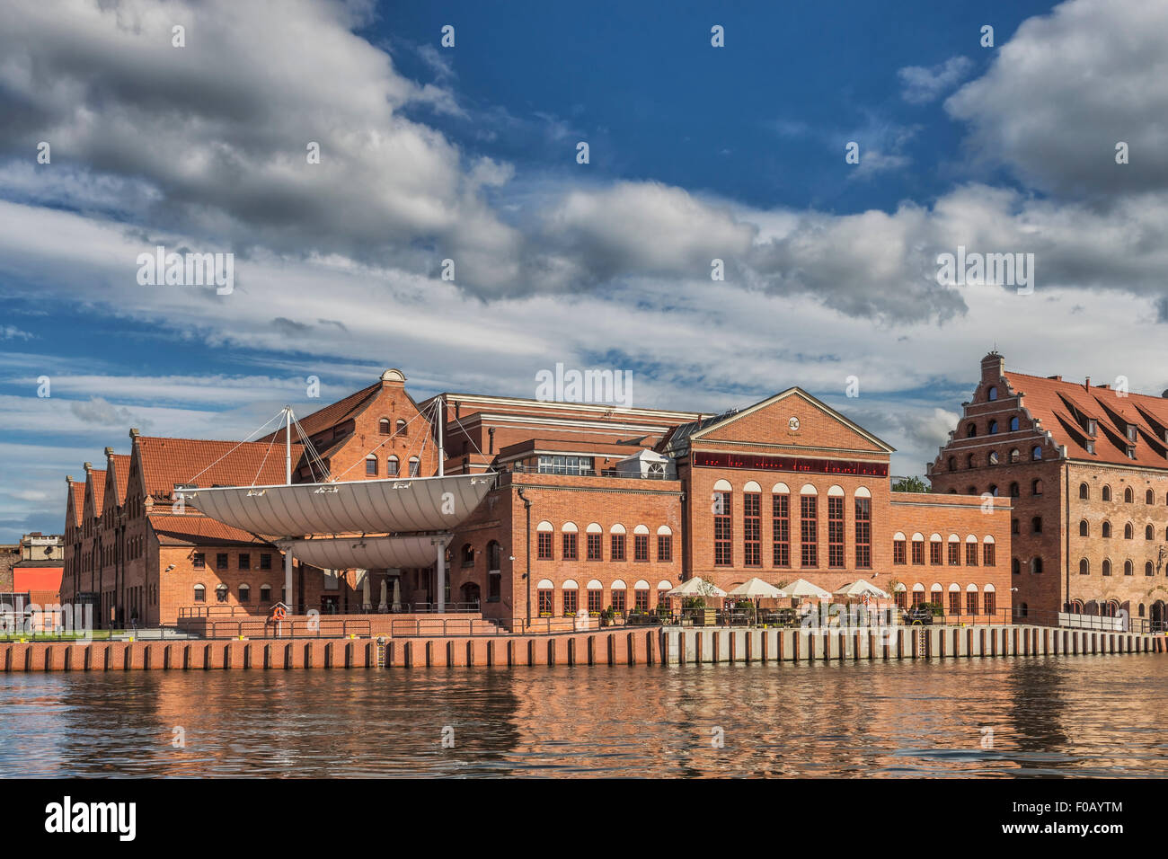 View over the Motlawa to the Polish Baltic Philharmonic, built from 1996 to 2002 at Olowianka island, Gdansk, Poland, Europe Stock Photo