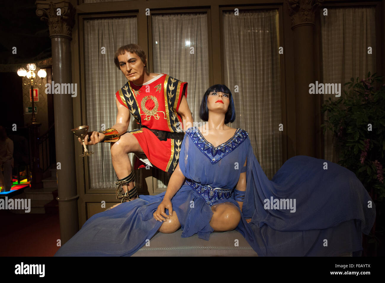 Cleopatra with Julius Caesar wax figures in Barcelona Wax Museum in Catalonia, Spain Stock Photo