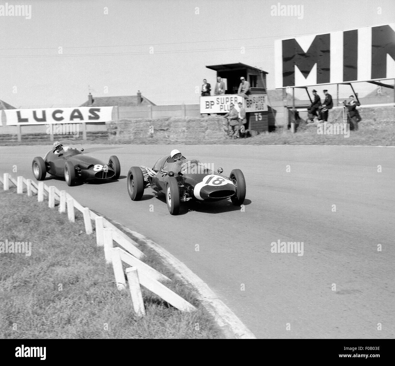 British GP Aintree 18th July 1959. No18 Maurice Trintignant Cooper-Climax T51, No 8 Harry Schell BRM P25 finished 4th. Stock Photo