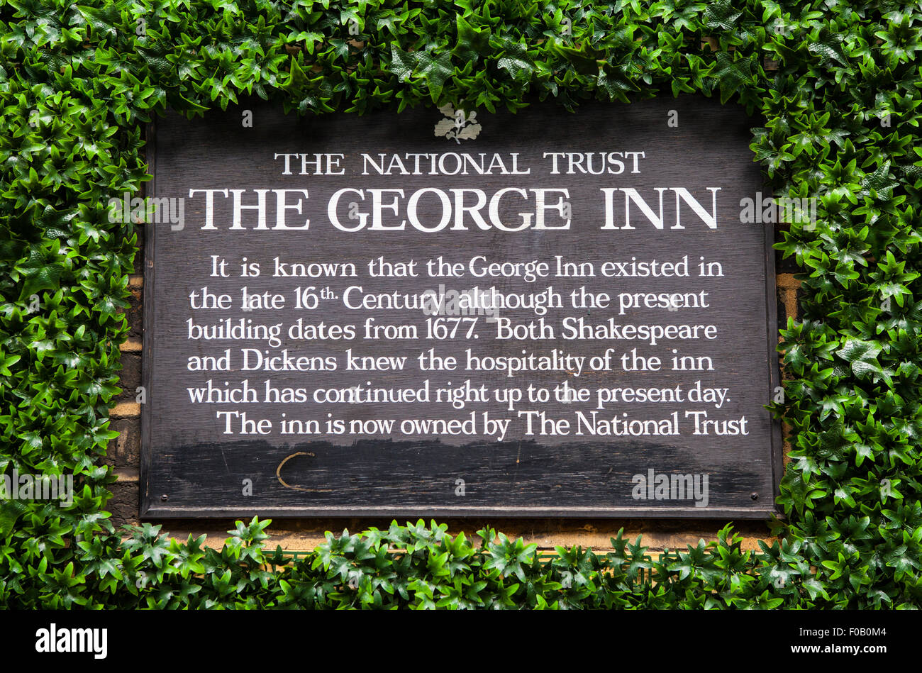 LONDON, UK - AUGUST 7TH 2015: An information board at the historic George Inn Public House in Southwark, London on 7th August 20 Stock Photo