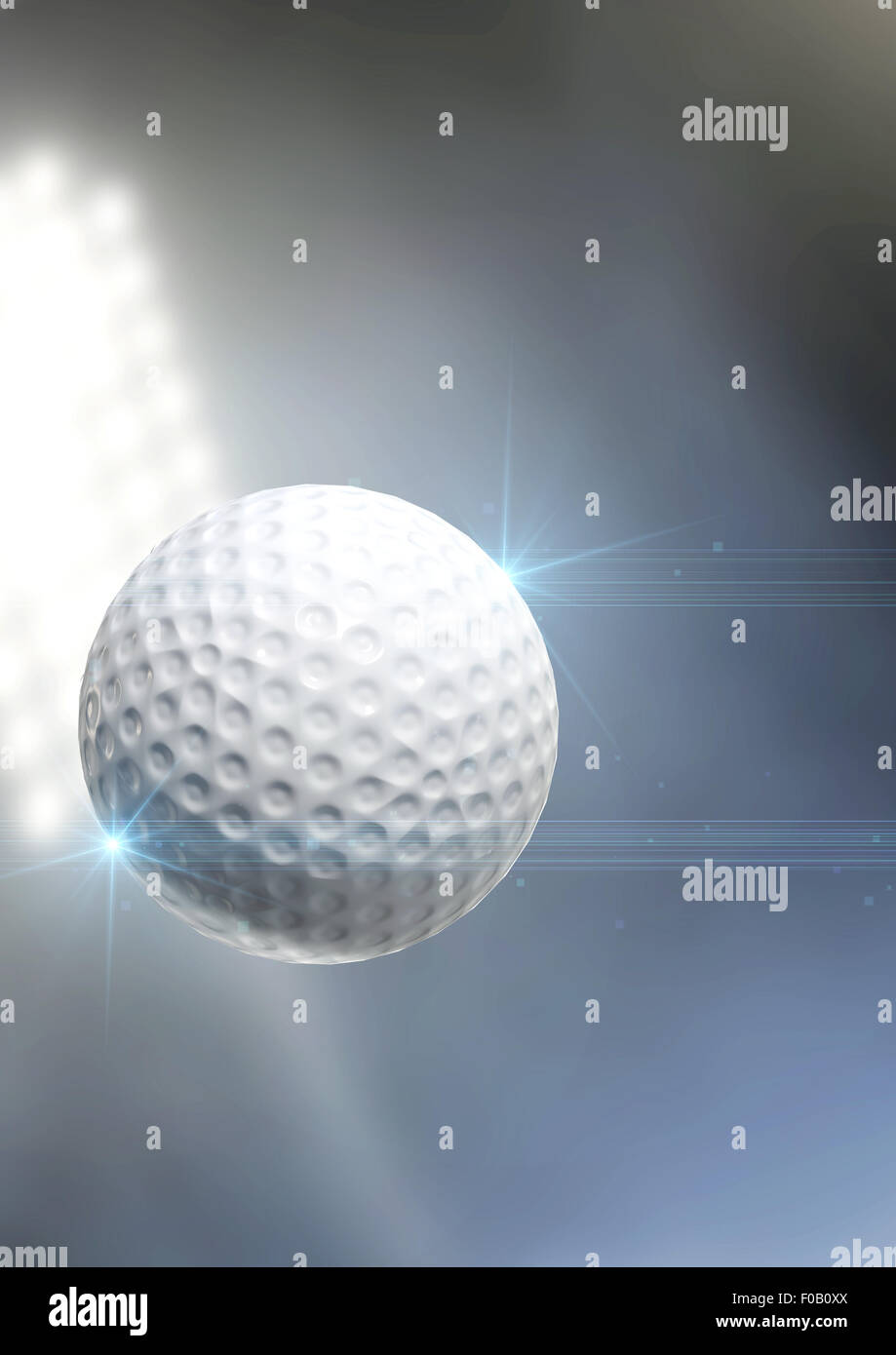 A regular golf ball flying through the air on an a outdoor stadium