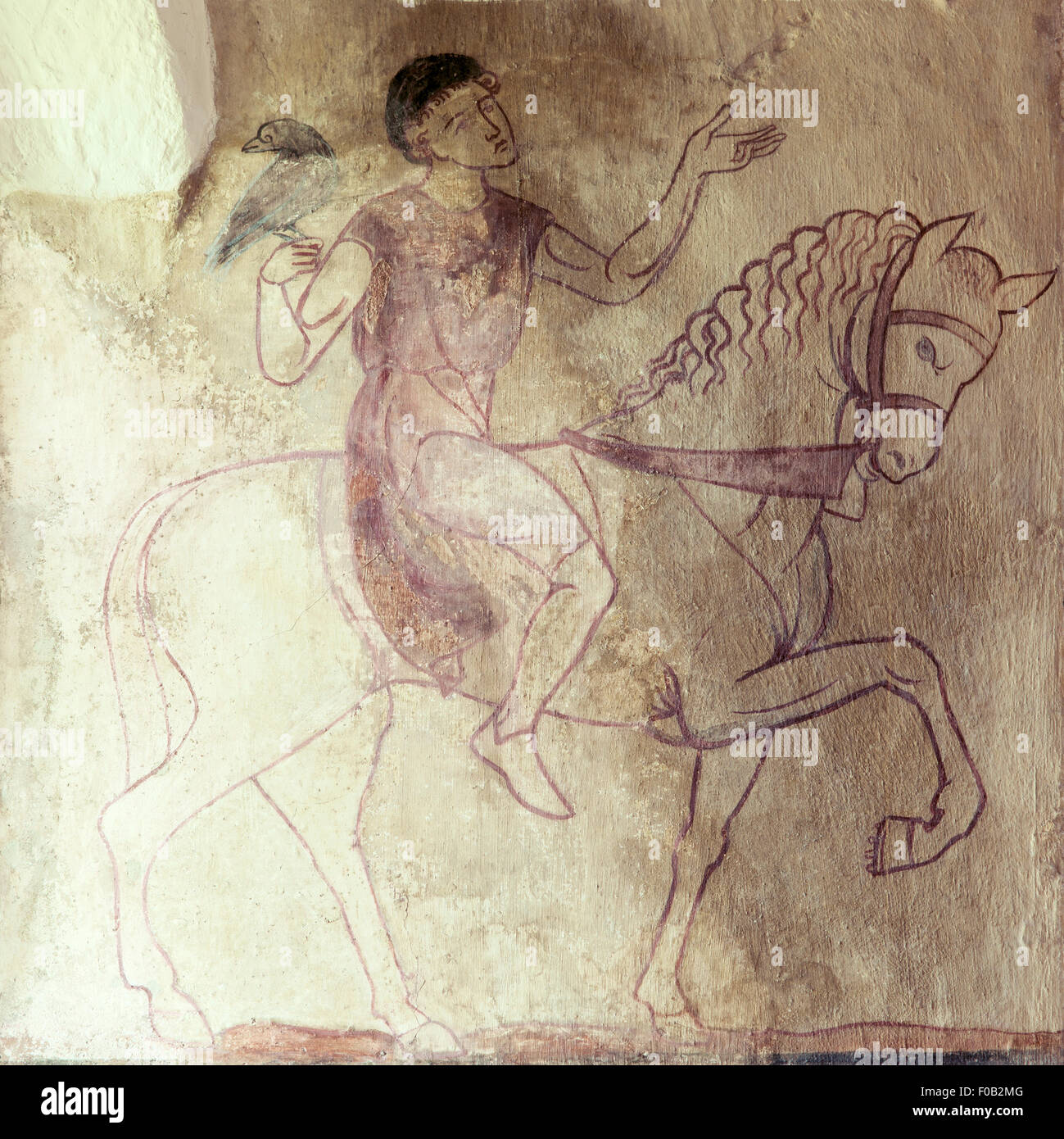 A hawker on horseback as depicted in a medieval wall painting in Easby Church, Richmond, North Yorkshire, England Stock Photo