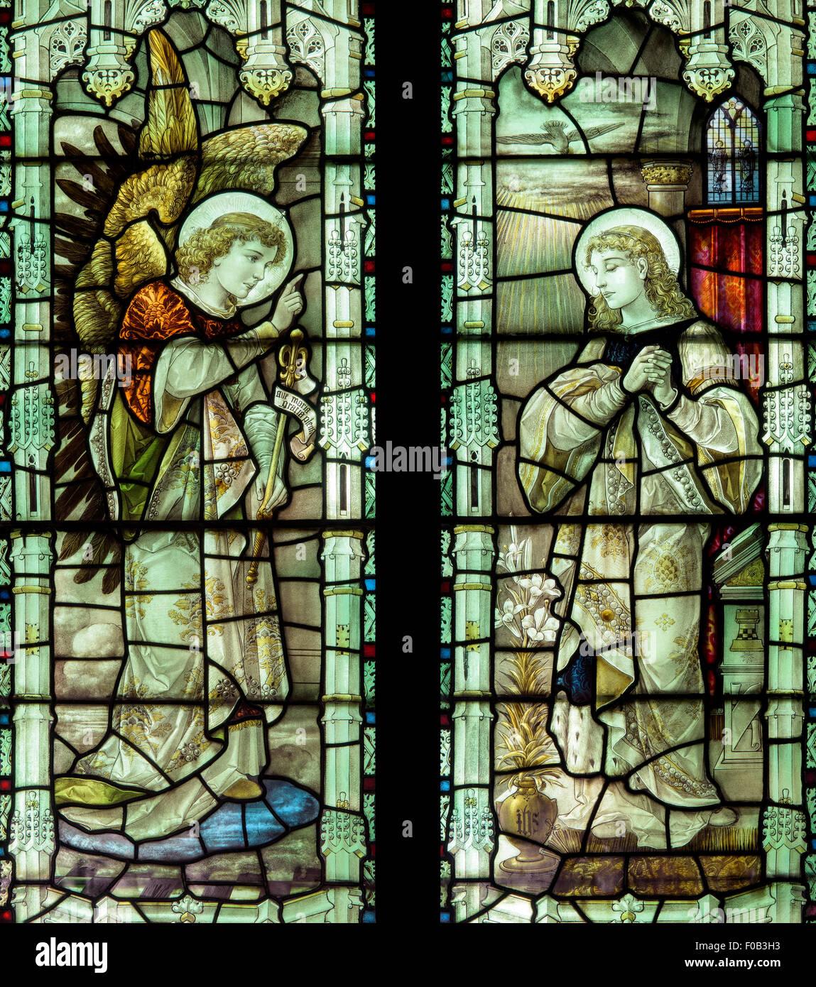 St. Gabriel foretelling the birth of Jesus to the Virgin Mary, St. Romald's Church, Romaldkirk, Co. Durham, England, UK Stock Photo