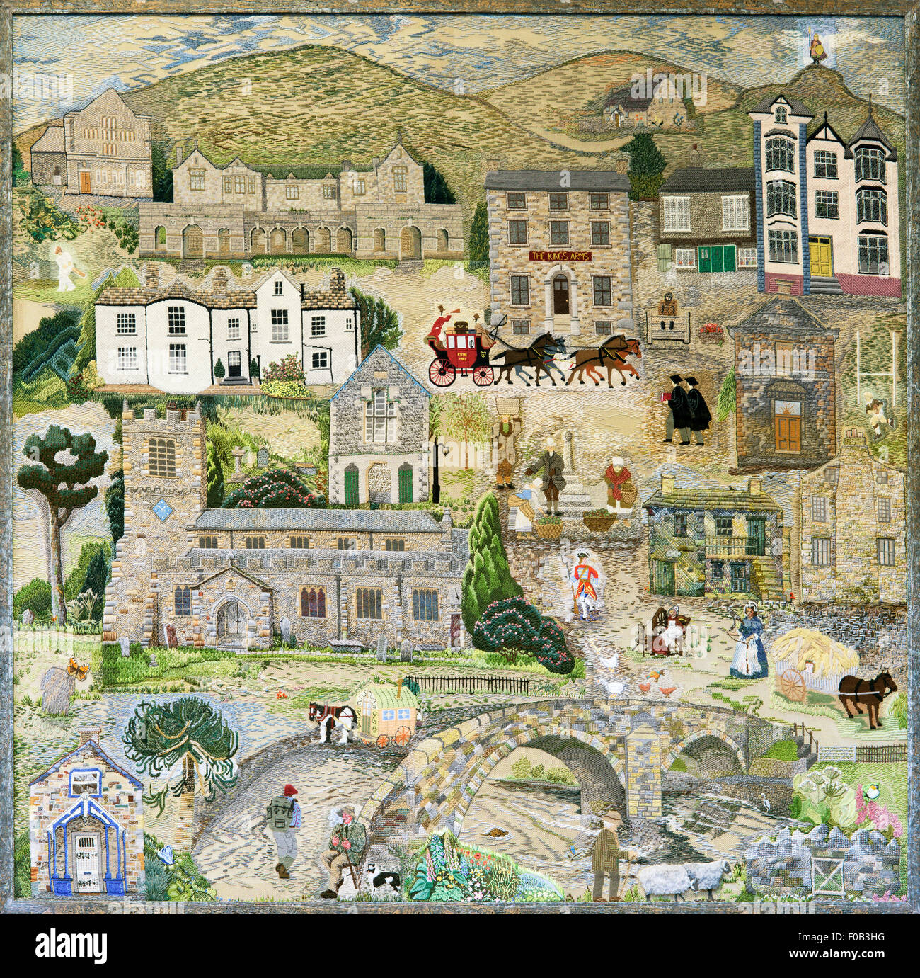 A social history of Sedbergh (first panel) embroidered on canvas, St Andrew's Church, Sedbergh, Cumbria, England, UK Stock Photo