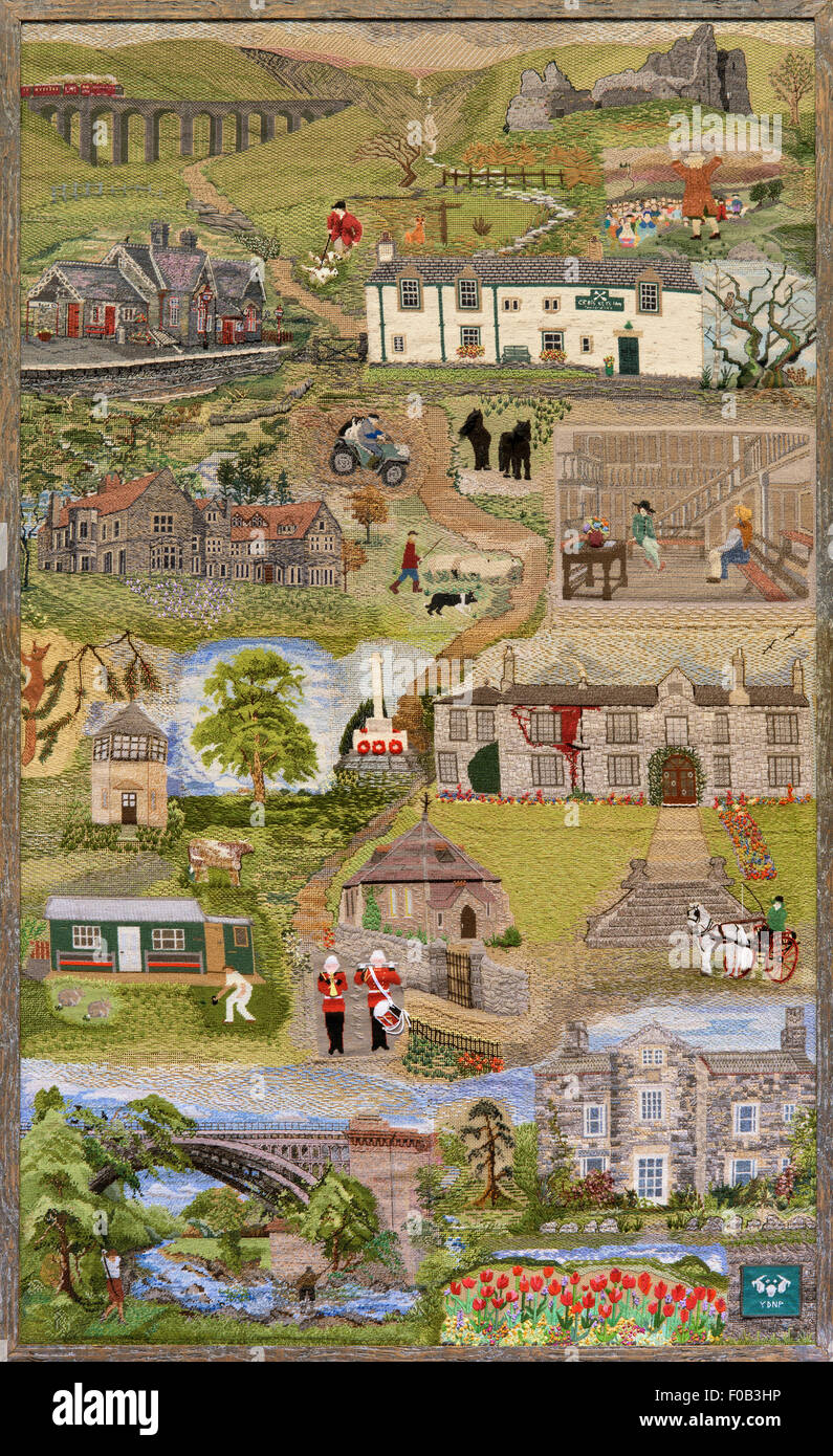 A social history of Sedbergh (2nd panel) embroidered on canvas, St Andrew's Church, Sedbergh, Cumbria, England, UK Stock Photo