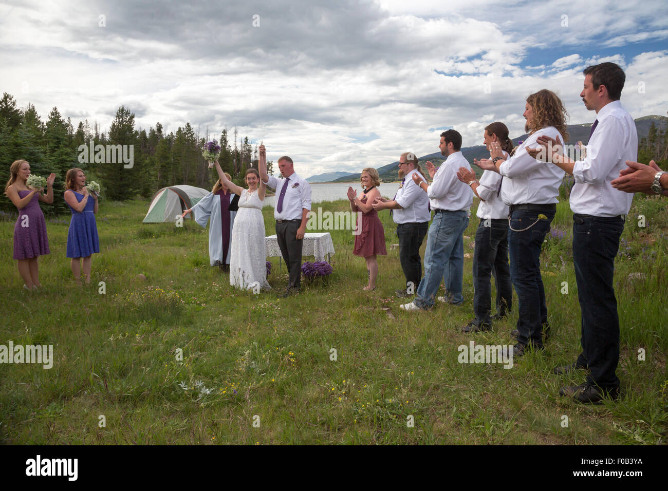 Dillon, Colorado - A young couple celebrates their wedding. Stock Photo