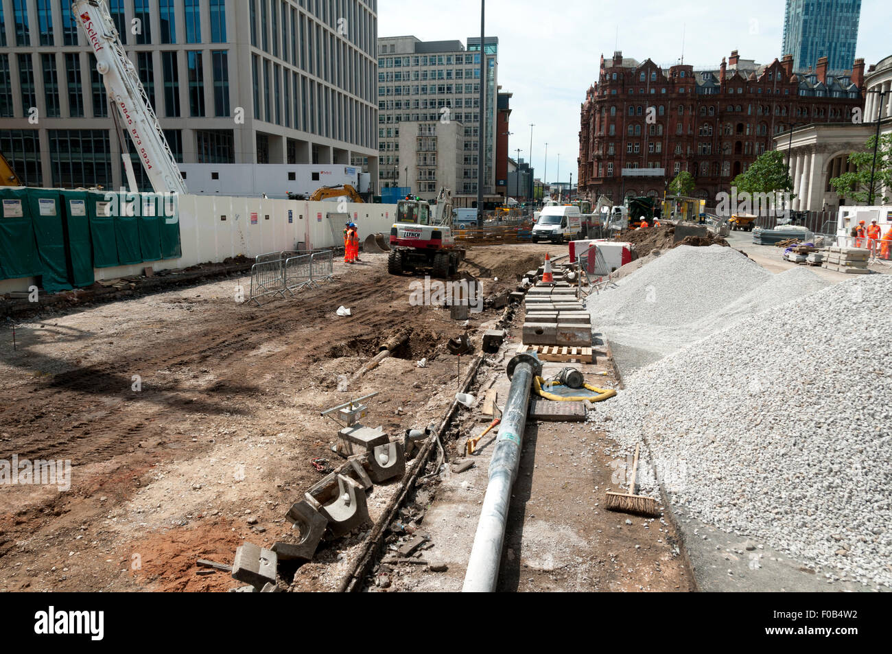 Metrolink tram track construction works, St. Peter's Square, Manchester, England, UK Stock Photo