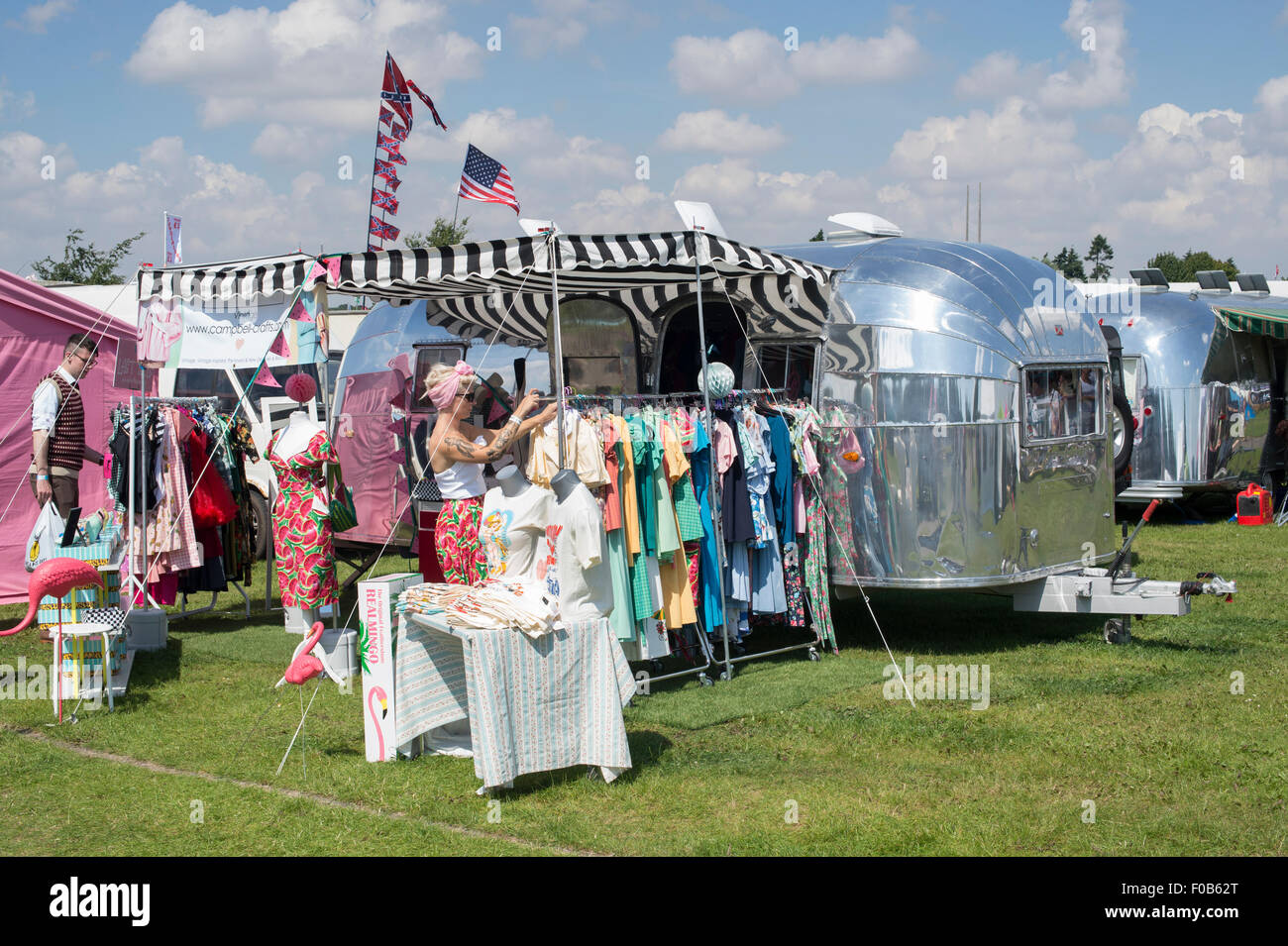 Vintage boutique stall and airstream caravan at a vintage retro festival. UK Stock Photo