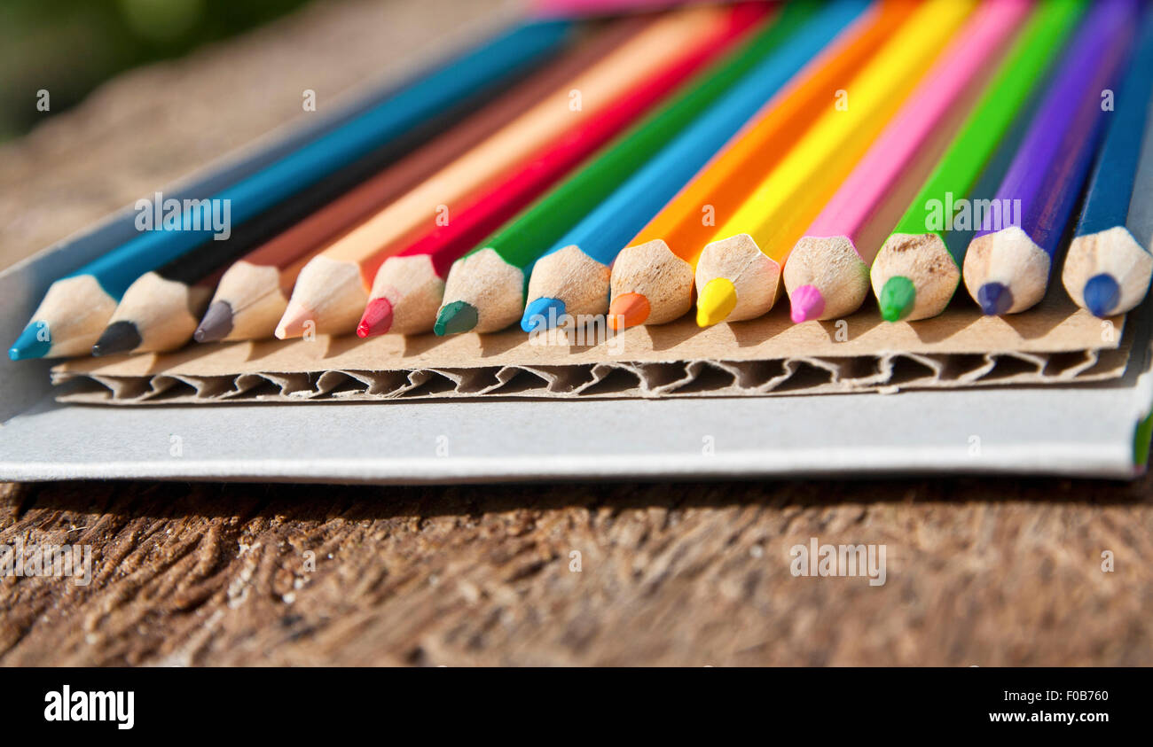 Colorful pencil crayons on wooden background, Selective focus Stock Photo