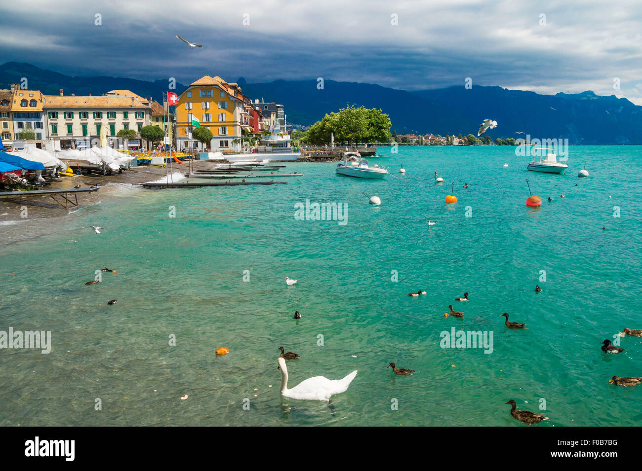 VEVEY, SWITZERLAND JULY 8, 2015. View of Riviera 's Lake Geneva at