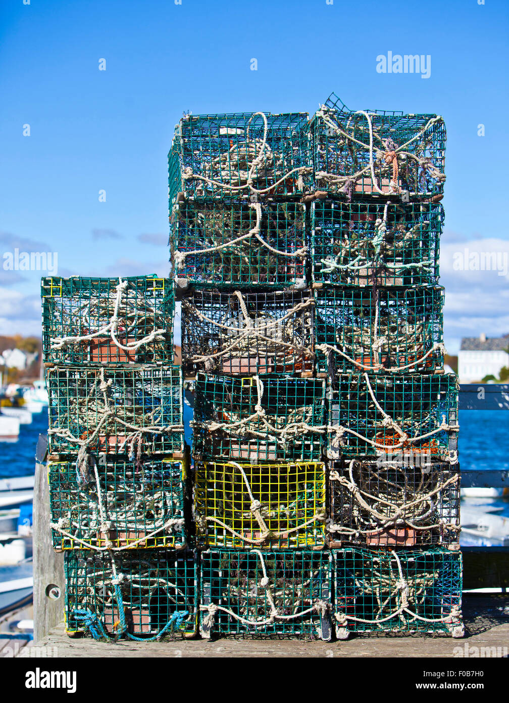 Crab or lobster pots on quayside in Maine Stock Photo