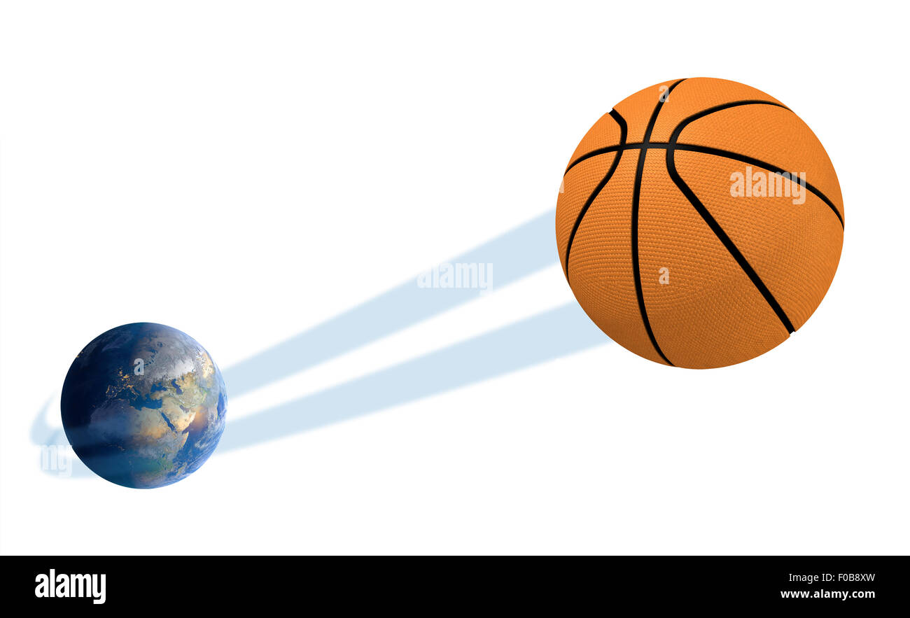 A sporting concept showing a regular basketball ball swooshing out and ...