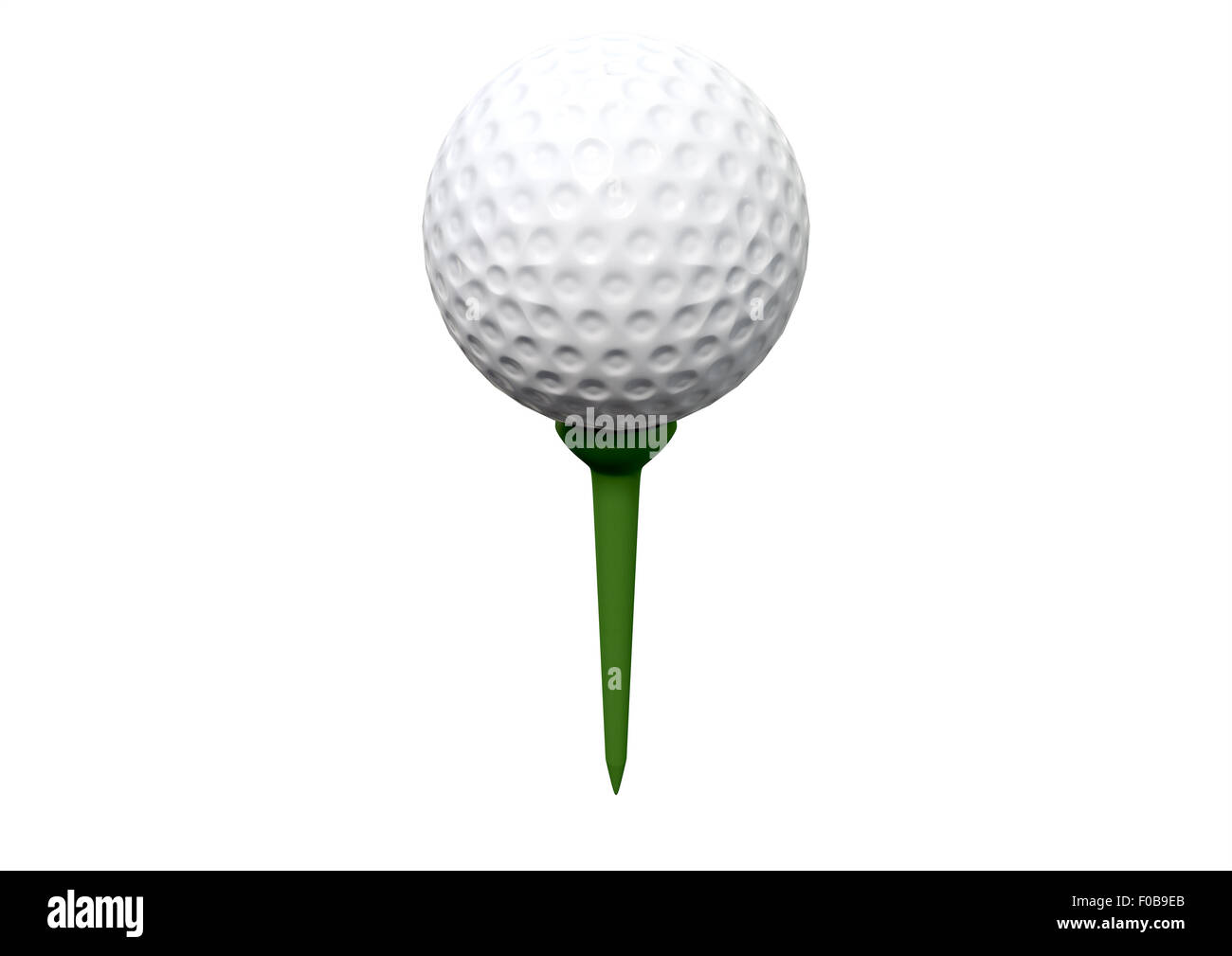 A regular golf ball on a green tee on an isolated white studio