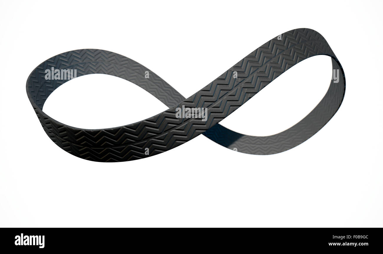 A 3D rendering of an infinity symbol made up of a ribbon of rubber tyre ...