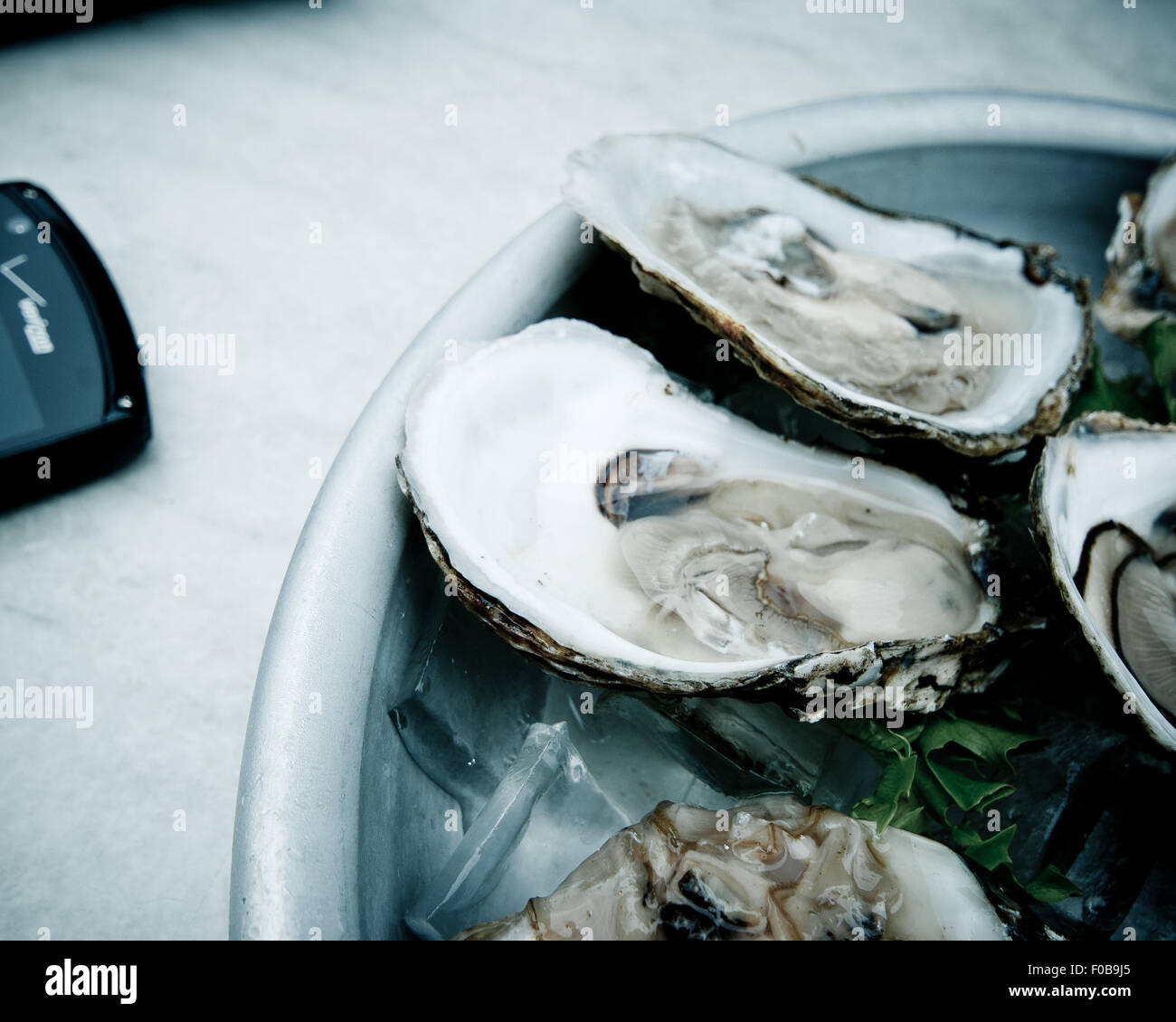 Oysters on a half shell. Stock Photo
