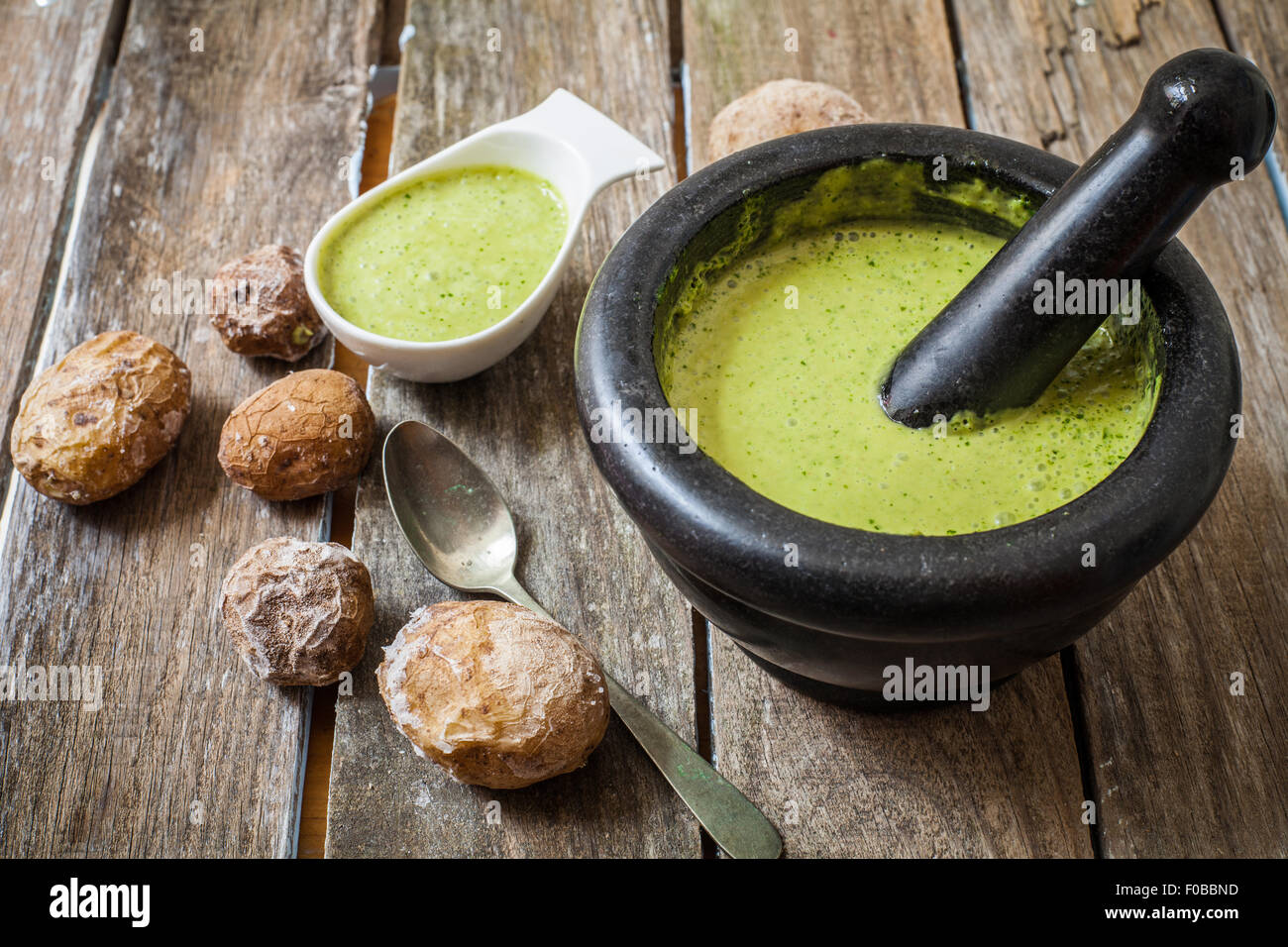 canary style potato with coriander sauce called green mojo Stock Photo