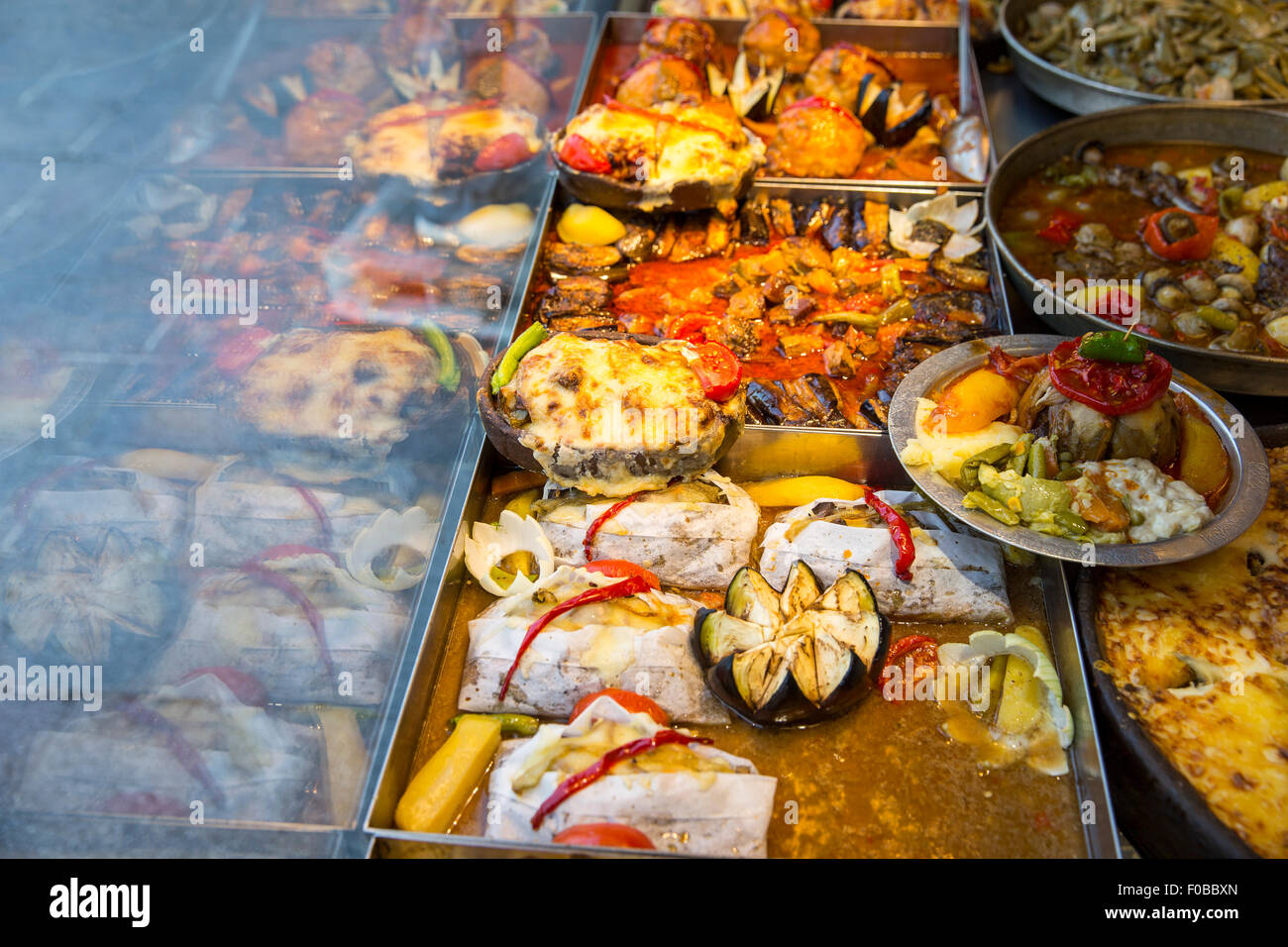 Traditional colorful Turkish food near showcase in a restaurant Stock Photo