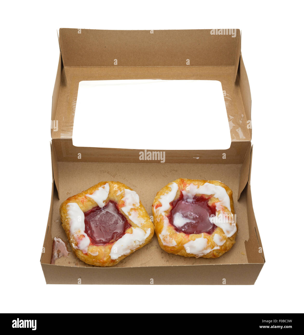 Two raspberry danish pastries in an open cardboard box Stock Photo - Alamy