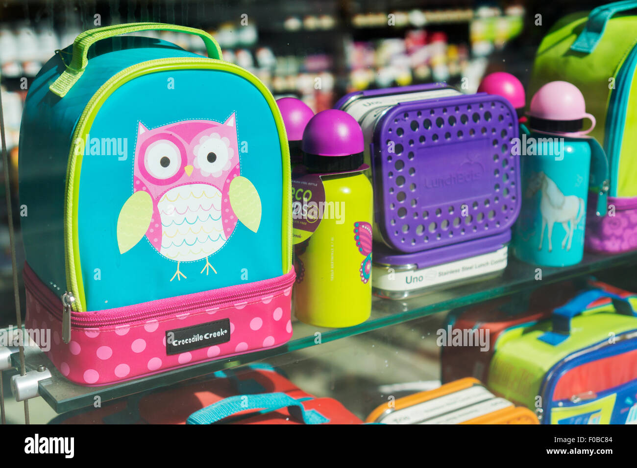 Back to school backpack promotion in the window of a store in New York