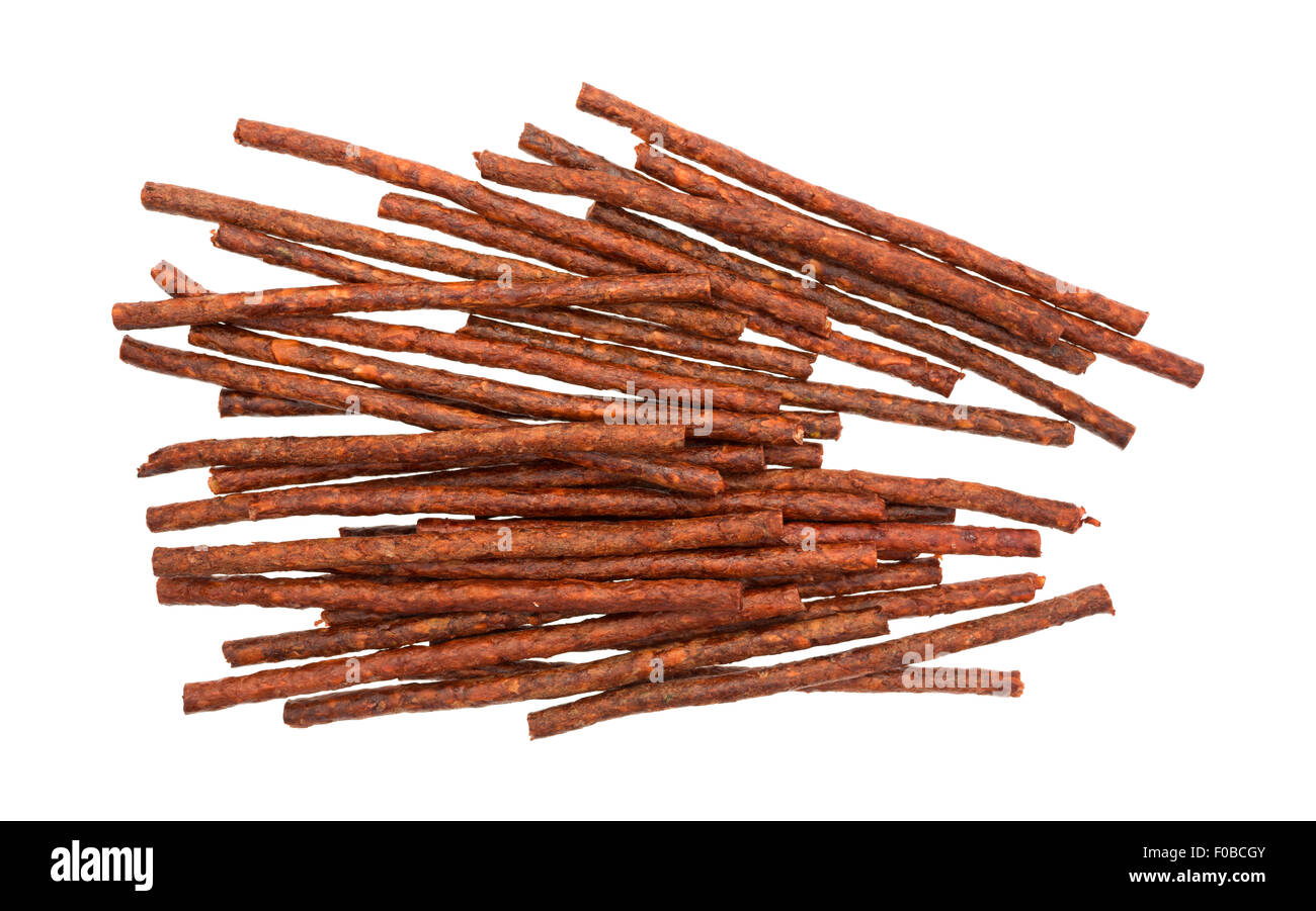 Top view of a group of dog rawhide chews for teeth tarter control on a white background. Stock Photo