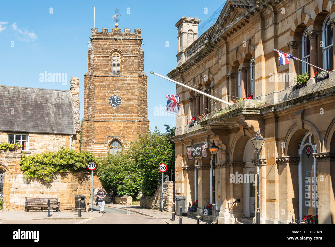 The Old Town Hall and St Lawrence Church, Market Square, Towcester, Northamptonshire, England, United Kingdom Stock Photo