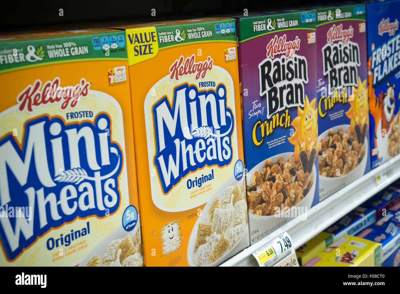 Boxes of Kellogg's breakfast cereals in the grocery department of a