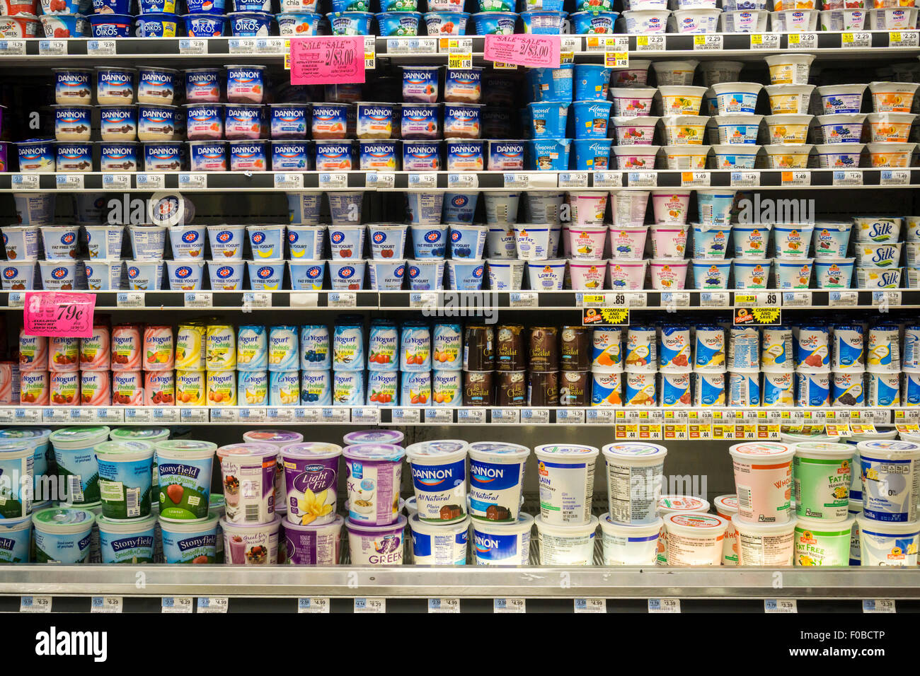 Containers of various brands of yogurt in a supermarket cooler in New