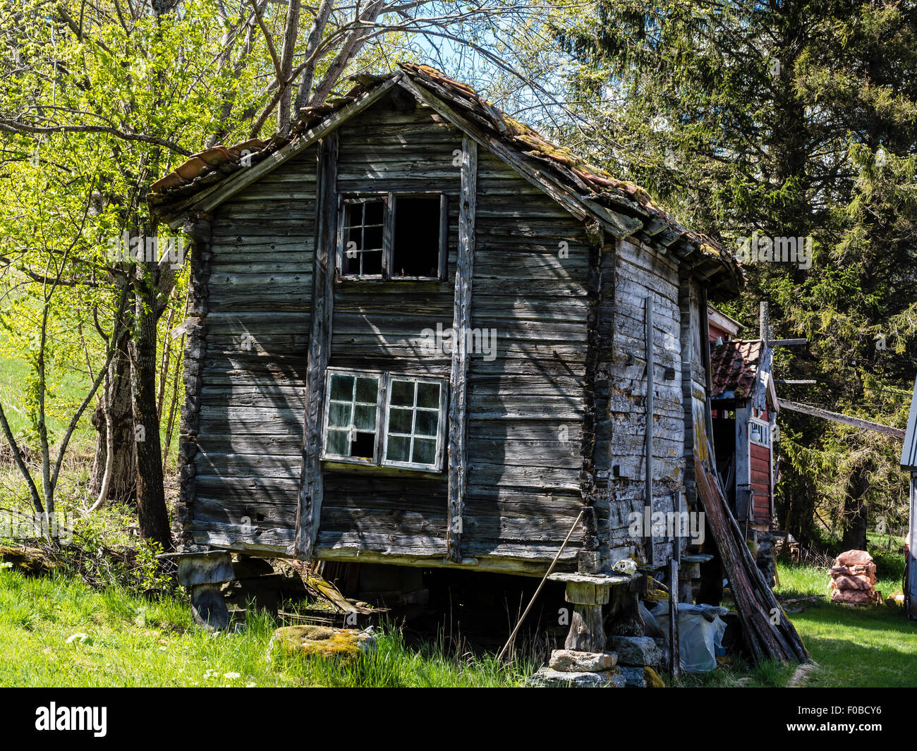 Broken wooden old house, ruin, wreckage, near village 