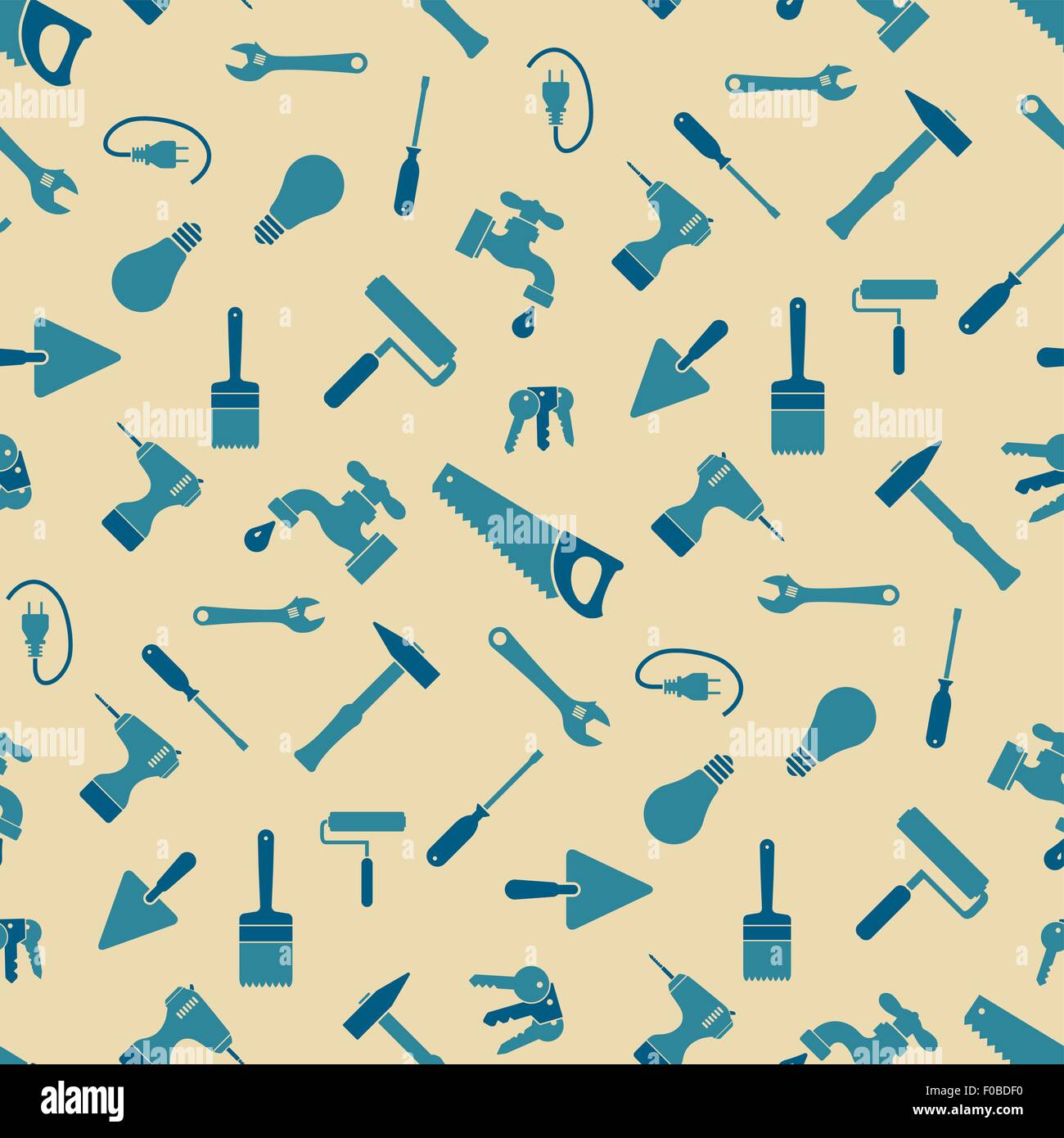 Seamless craftsman tools pattern in two solid colors on clear brown background Stock Vector