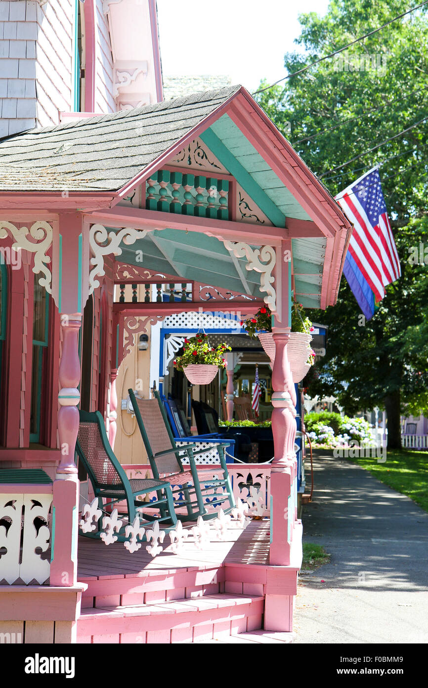 Pretty entryway to the porch of a cottage at the Martha's Vineyard Camp Meeting Association, Oak Bluffs, Martha's Vineyard Stock Photo