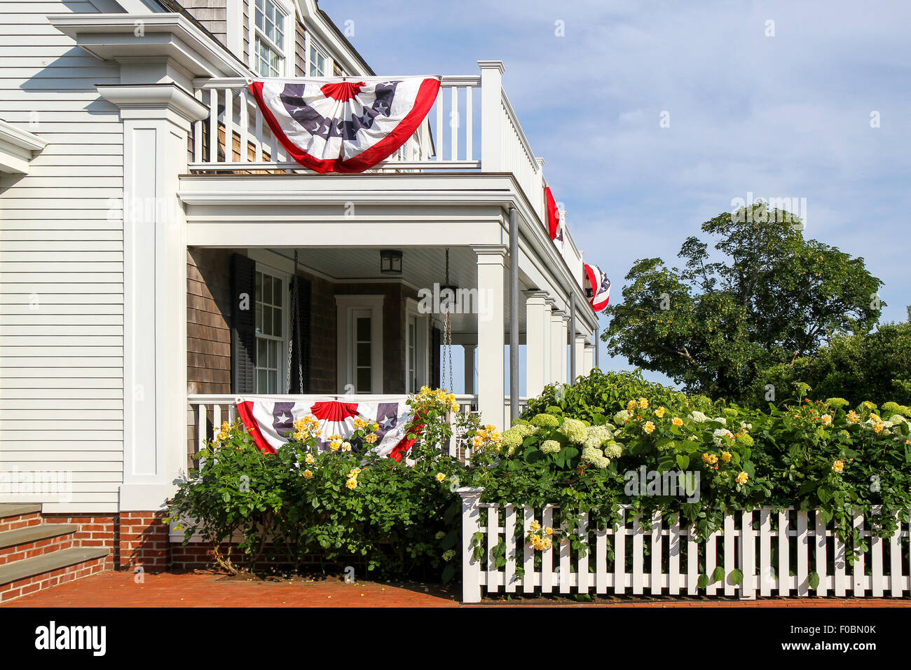 A home decorated for Independence Day, Edgartown, Martha's Vineyard, Massachusetts. Stock Photo