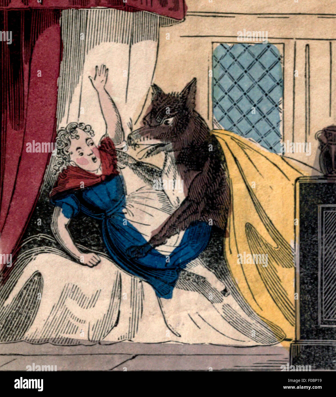 Wolf Attacking Grandmother In Little Red Riding Hood Stock Photo