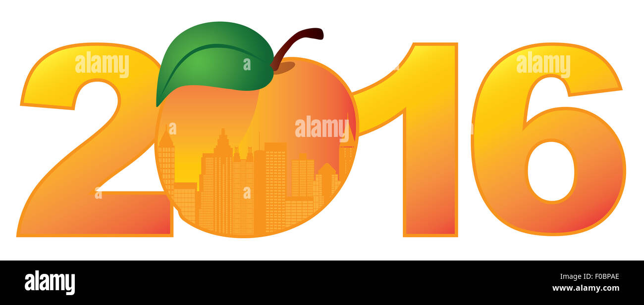 2016 New Year Atlanta Georgia City Skyline in State Official Peach Fruit Outline Silhouette Numerals Color Illustration Stock Photo